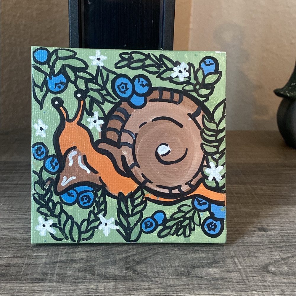 Snail eating blueberries mini painting